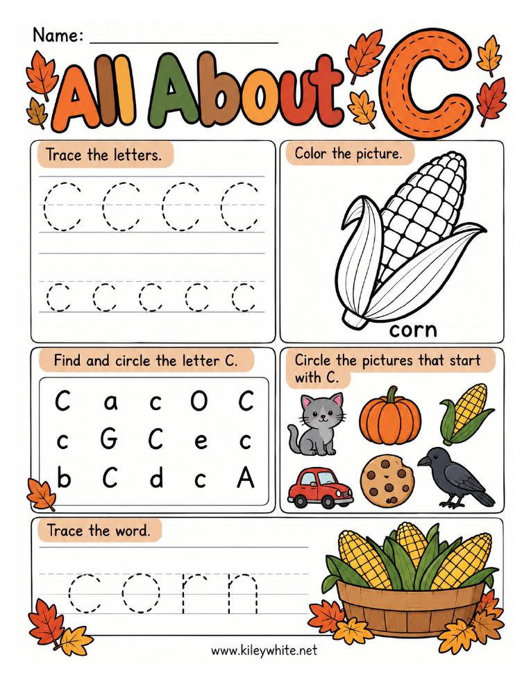 All About C corn fall printable preview
