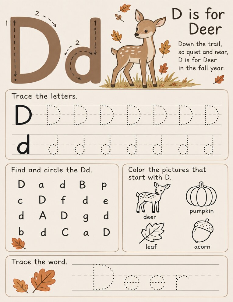 D is for Deer fall printable preview