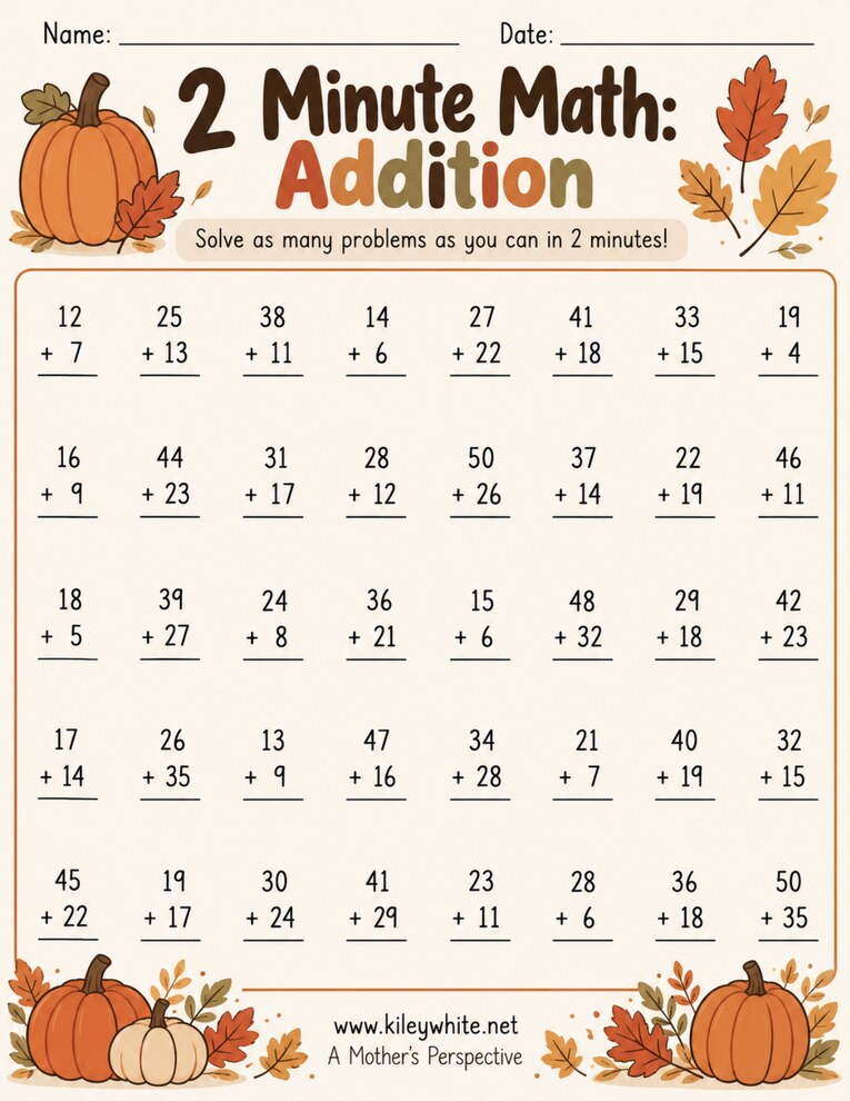 Fall 2 Minute Math Addition worksheet preview