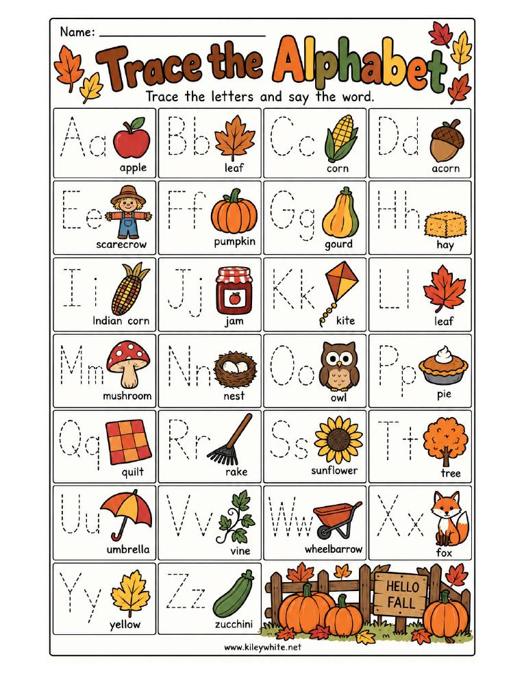 Fall Trace the Alphabet printable preview