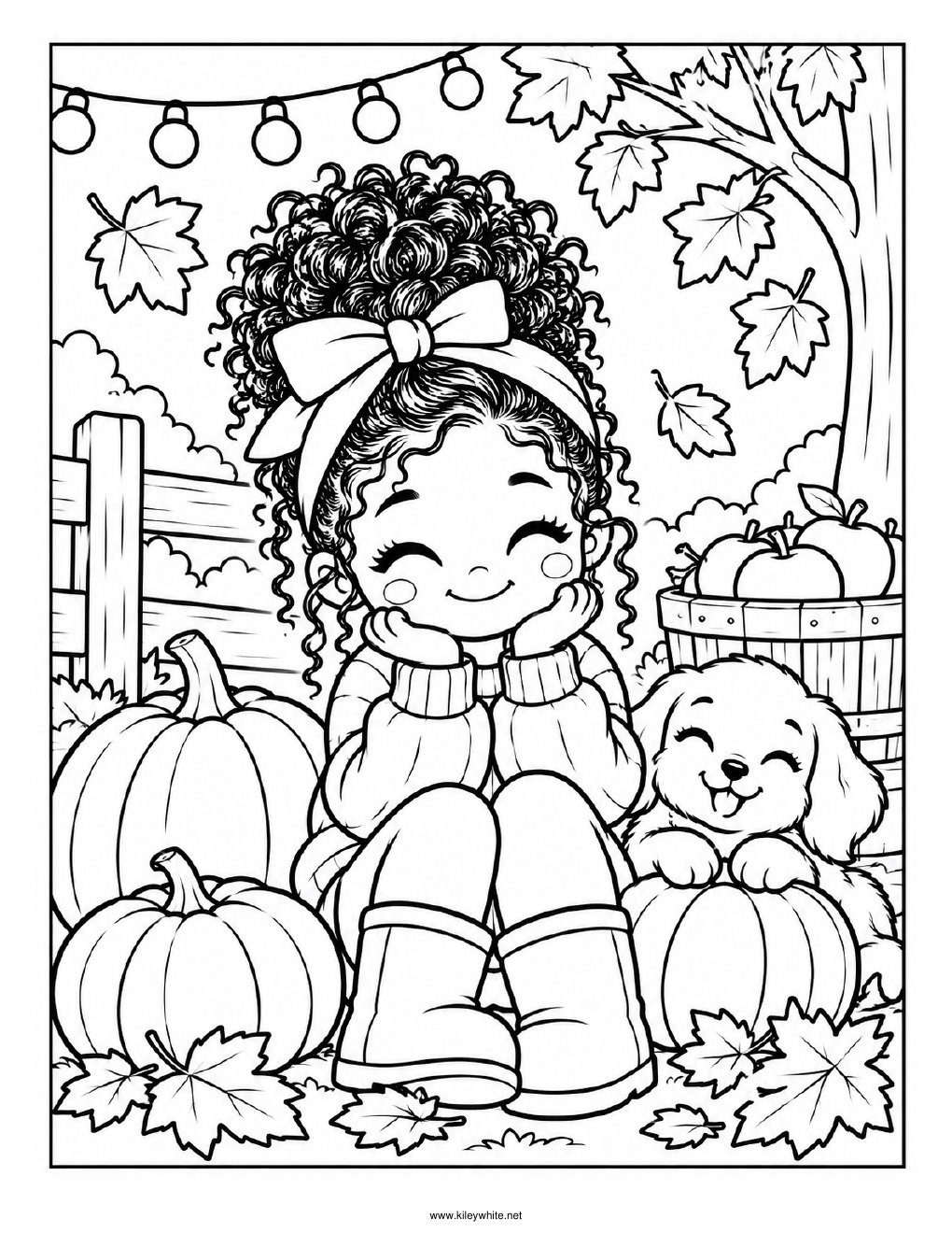 Fall Girl & Puppy coloring page preview