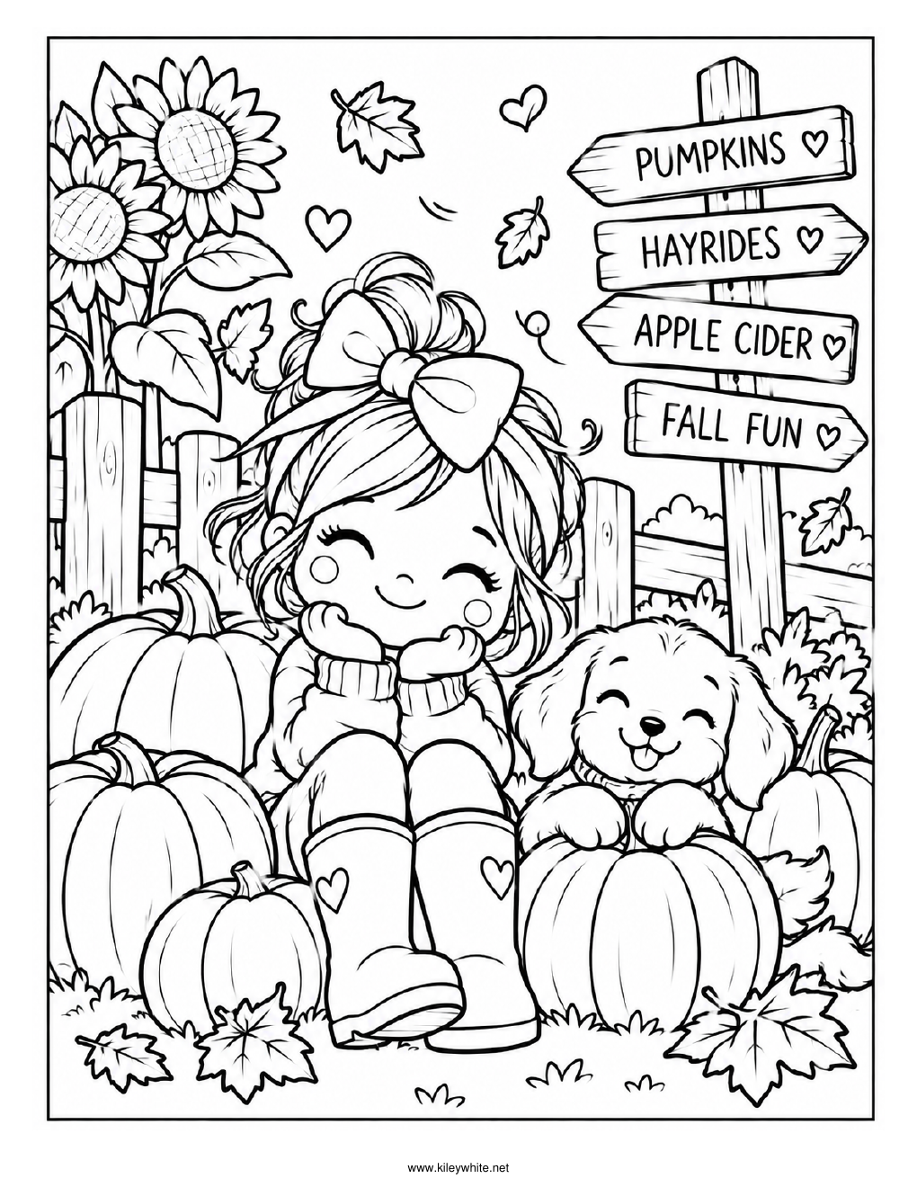 Fall Little Girl & Puppy coloring page preview