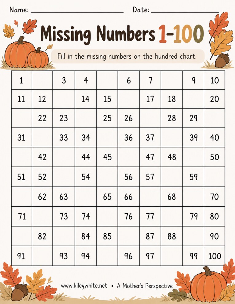 Missing Numbers 1 to 100 worksheet preview