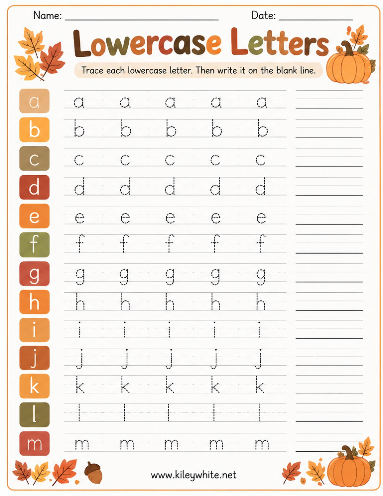 Lowercase Letters fall tracing worksheet preview