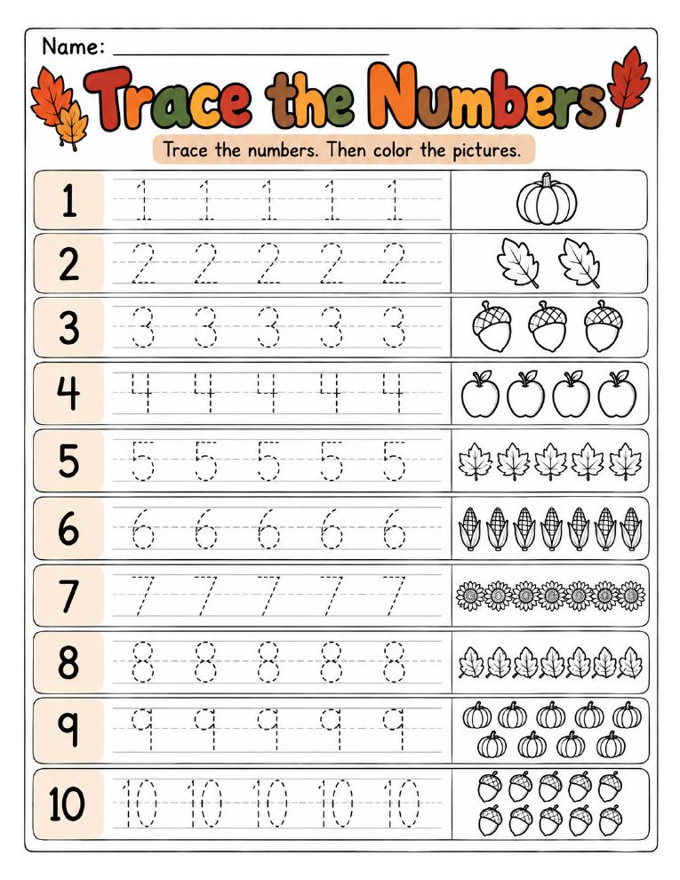 Fall Trace the Numbers printable preview